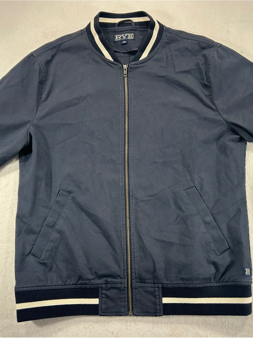 RYE By Hawker Varsity Bomber Jacket Navy Blue White Stripe Trim Fit Size Large
